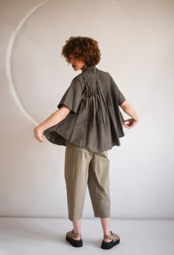 Pleated Front Blouse in Grey Brown