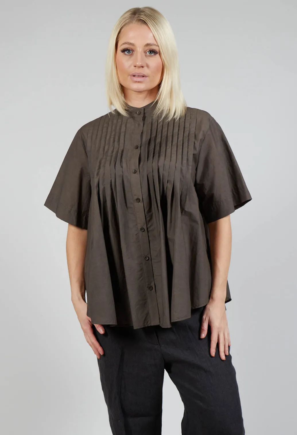 Pleated Front Blouse in Grey Brown