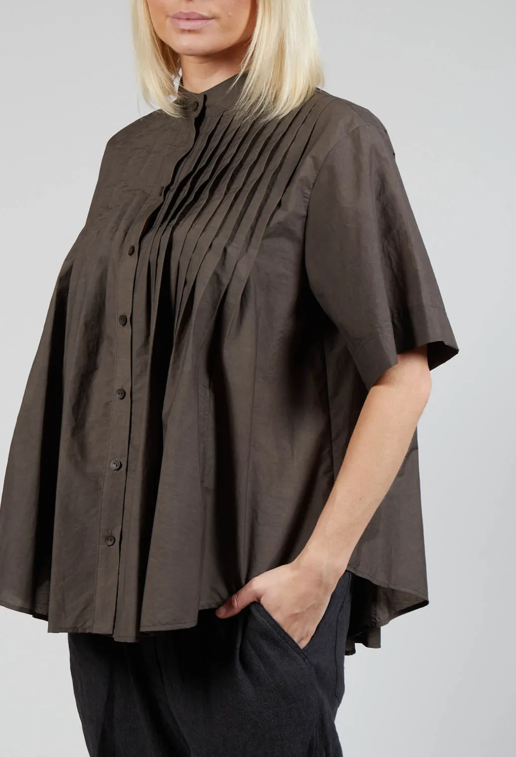 Pleated Front Blouse in Grey Brown