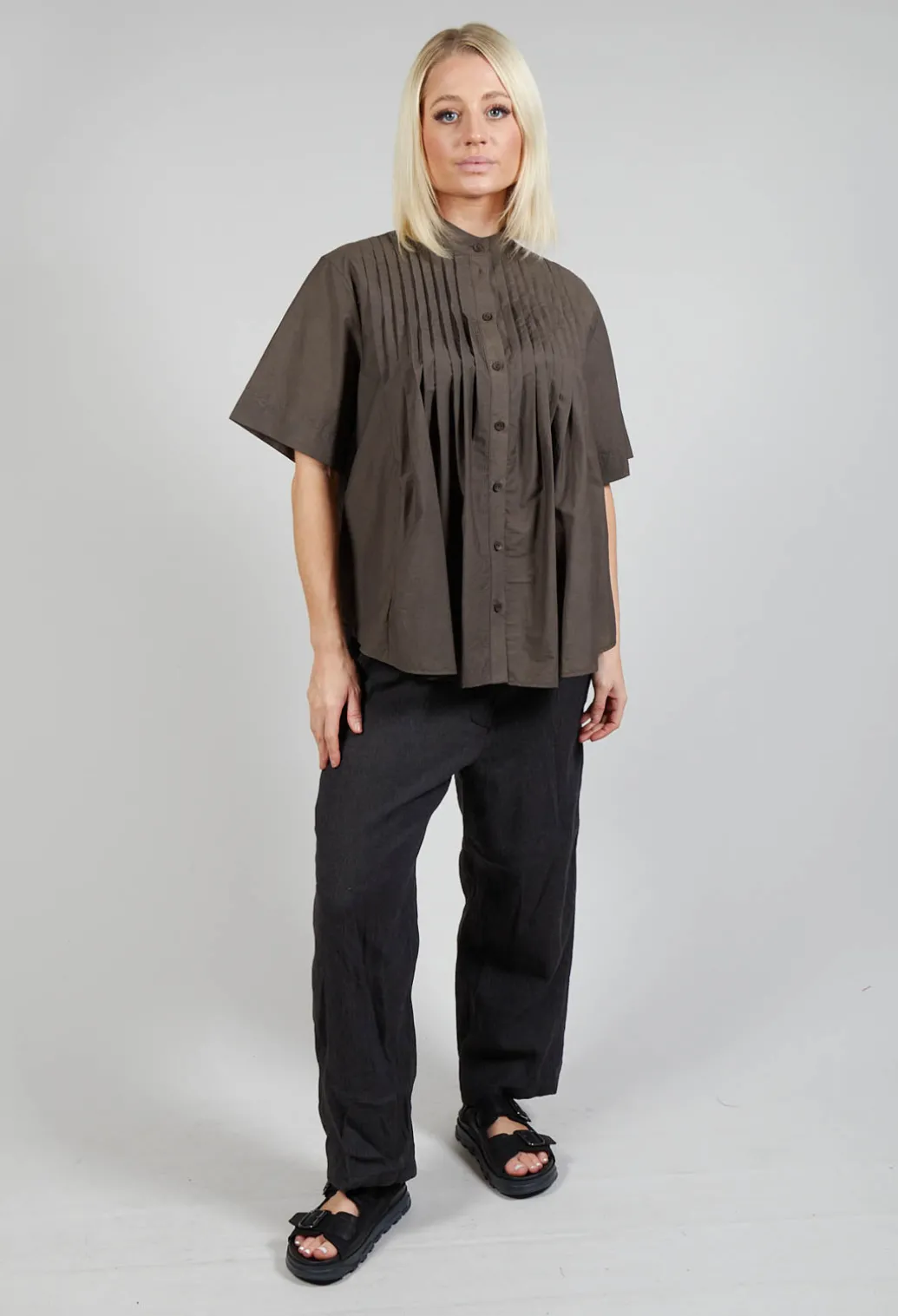 Pleated Front Blouse in Grey Brown