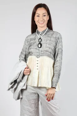 Pleated Hem Silk Shirt with Grey Marl Print