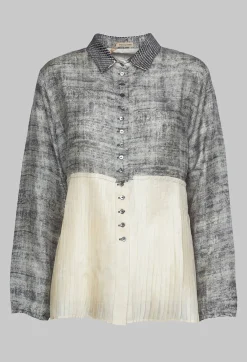 Pleated Hem Silk Shirt with Grey Marl Print