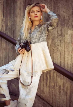 Pleated Hem Silk Shirt with Grey Marl Print
