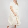Pleated Midi Dress with Lettuce Hem Detail in Greige