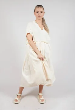 Pleated Midi Dress with Lettuce Hem Detail in Greige