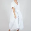 Pleated Midi Dress with Lettuce Hem Detail in Semi Bleach