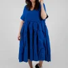 Pleated Midi Dress with Lettuce Hem Detail in Royal