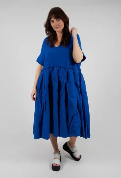 Pleated Midi Dress with Lettuce Hem Detail in Royal