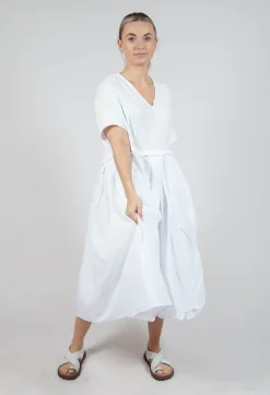 Pleated Midi Dress with Lettuce Hem Detail in Semi Bleach