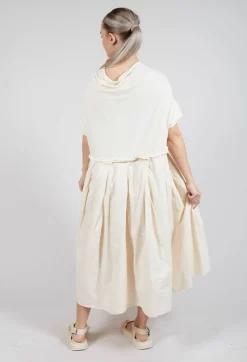 Pleated Midi Dress with Lettuce Hem Detail in Greige