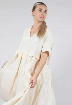 Pleated Midi Dress with Lettuce Hem Detail in Greige