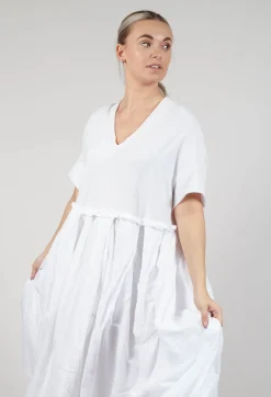 Pleated Midi Dress with Lettuce Hem Detail in Semi Bleach