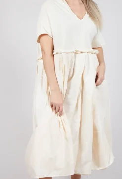 Pleated Midi Dress with Lettuce Hem Detail in Greige