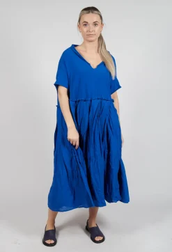 Pleated Midi Dress with Lettuce Hem Detail in Royal