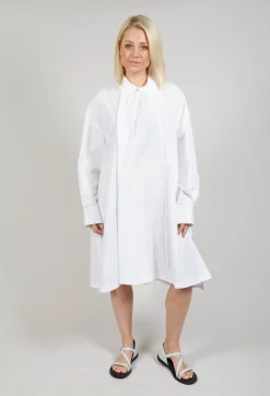 Pleated Neckline Shirt Dress in White