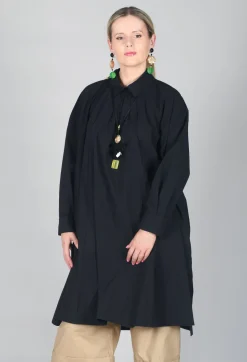 Pleated Neckline Shirt Dress in Black