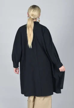 Pleated Neckline Shirt Dress in Black