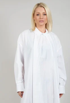 Pleated Neckline Shirt Dress in White
