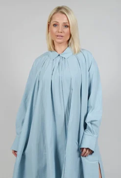 Pleated Neckline Shirt Dress in Blue