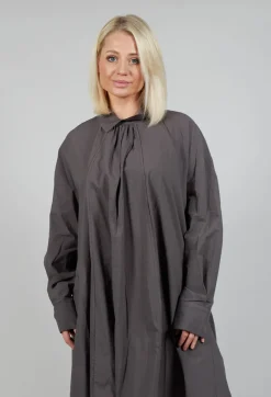 Pleated Neckline Shirt Dress in Grey