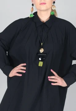 Pleated Neckline Shirt Dress in Black