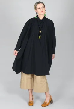 Pleated Neckline Shirt Dress in Black