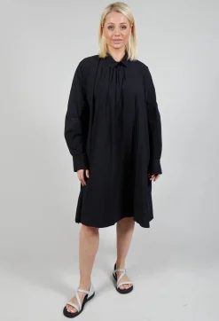 Pleated Neckline Shirt Dress in Black
