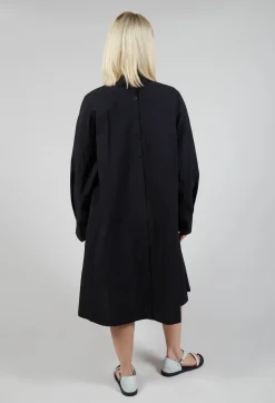 Pleated Neckline Shirt Dress in Black