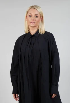 Pleated Neckline Shirt Dress in Black