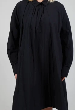 Pleated Neckline Shirt Dress in Black