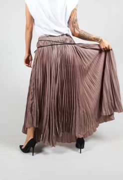 Pleated Skirt with Asymmetric Hem in Brown