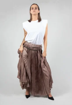 Pleated Skirt with Asymmetric Hem in Brown