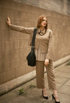 Pleated Top with Overlay in Caramel