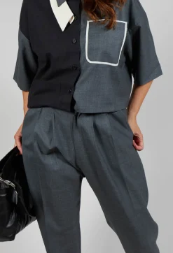 Pleated Wool Trousers in Grey Blue