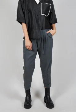 Pleated Wool Trousers in Grey Blue