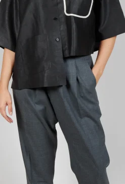 Pleated Wool Trousers in Grey Blue