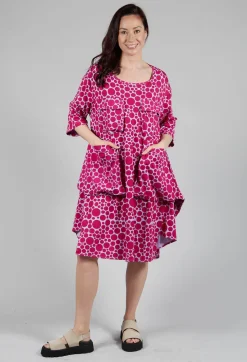 Pocket Dress in White with Lilac with Fuschia Pois
