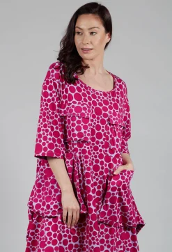 Pocket Dress in White with Lilac with Fuschia Pois