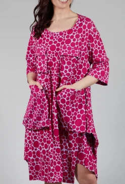 Pocket Dress in White with Lilac with Fuschia Pois