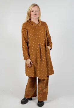 Polkadot Needlecord Cowl Neck Dress in Tabacco