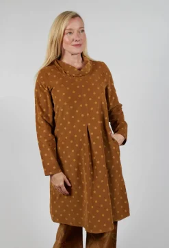 Polkadot Needlecord Cowl Neck Dress in Tabacco