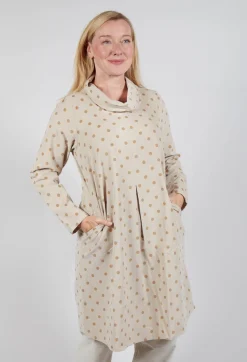 Polkadot Needlecord Cowl Neck Dress in Sahara