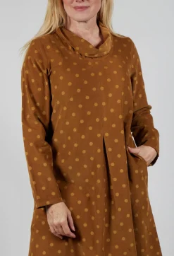 Polkadot Needlecord Cowl Neck Dress in Tabacco