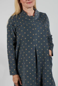 Polkadot Needlecord Cowl Neck Dress in Anthracite