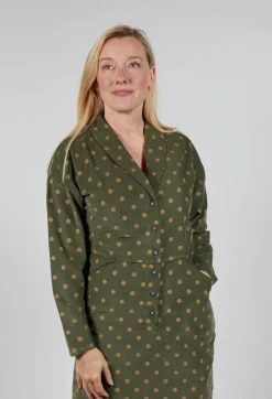 Polkadot Needlecord Open Collar Shirt Dress in Moss