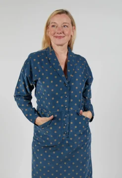 Polkadot Needlecord Open Collar Shirt Dress in Navy
