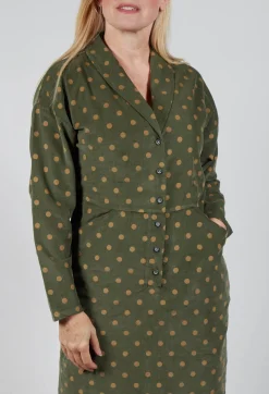Polkadot Needlecord Open Collar Shirt Dress in Moss