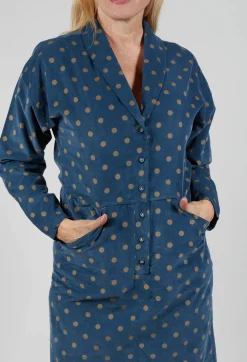 Polkadot Needlecord Open Collar Shirt Dress in Navy