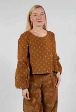Polkadot Needlecord Puffed Sleeve Top in Tabacco