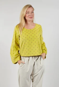 Polkadot Needlecord Puffed Sleeve Top in Acid Green